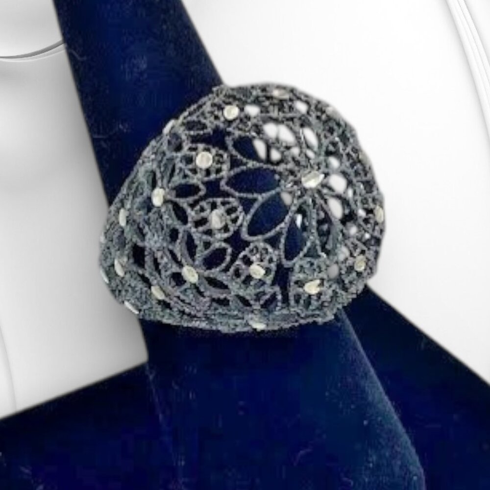 Vintage Black Rhodium 925 Sterling Silver Lacy Domed Ring SZ 8 Goth Statement